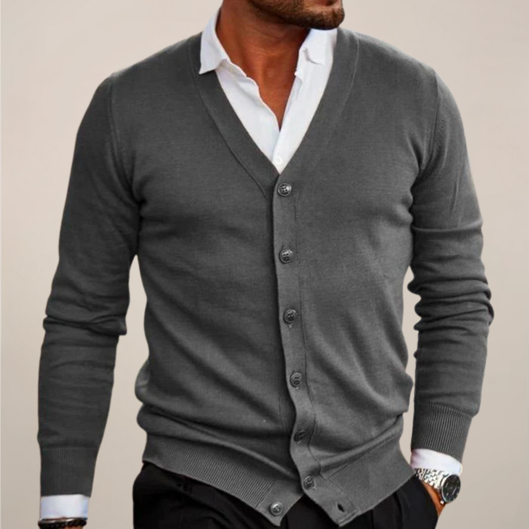 Versatile men's V-neck button-up cardigan. Smart casual office wear & cozy autumn winter layering.
