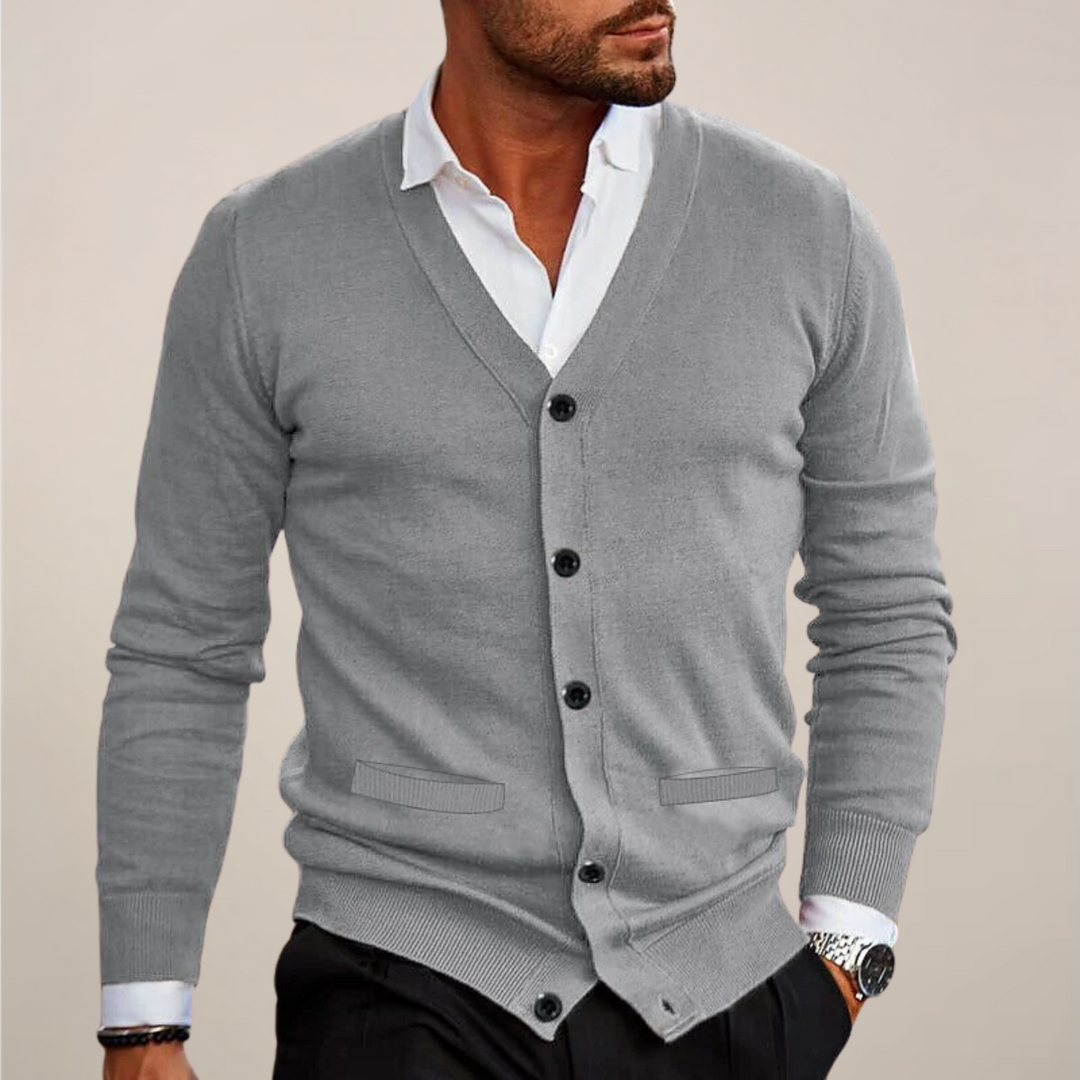 Warm men's V-neck knitwear cardigan, an essential autumn & winter layer for smart men's fashion.