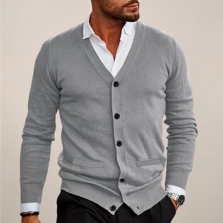 Warm men's V-neck knitwear cardigan, an essential autumn & winter layer for smart men's fashion.