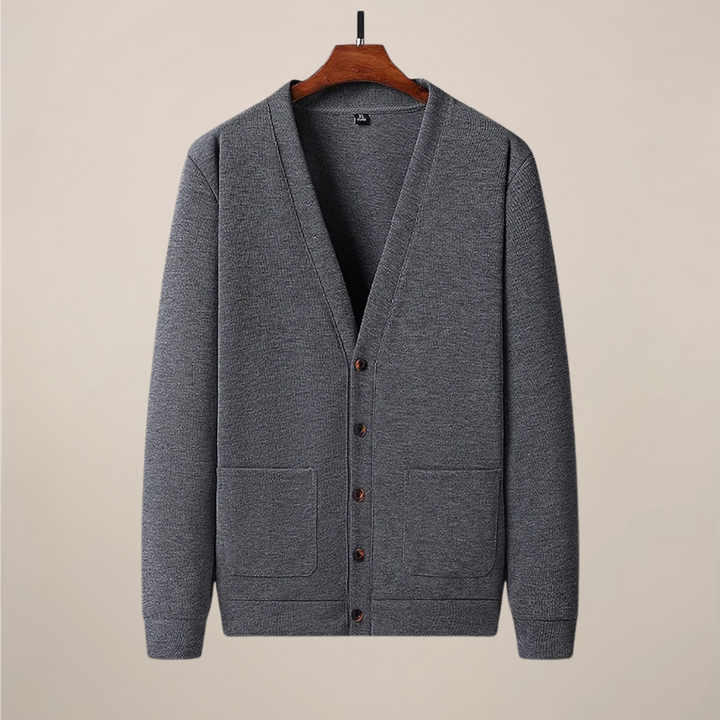 Men's V-neck knit cardigan with button-up front & practical pockets, perfect for casual or business casual layering.