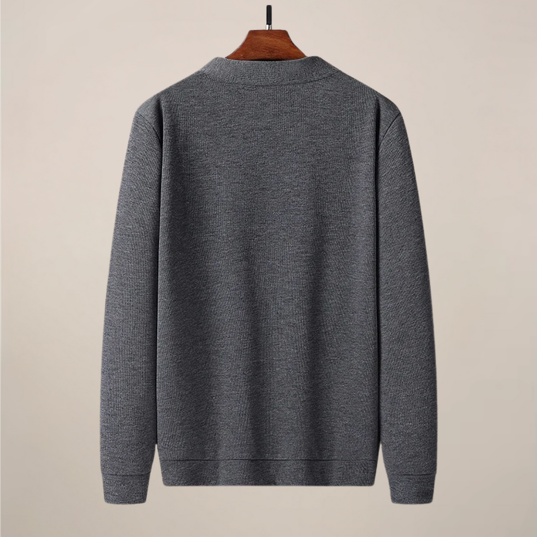 Comfortable men's V-neck knit cardigan, a stylish button-up layering piece for everyday and business casual wear.
