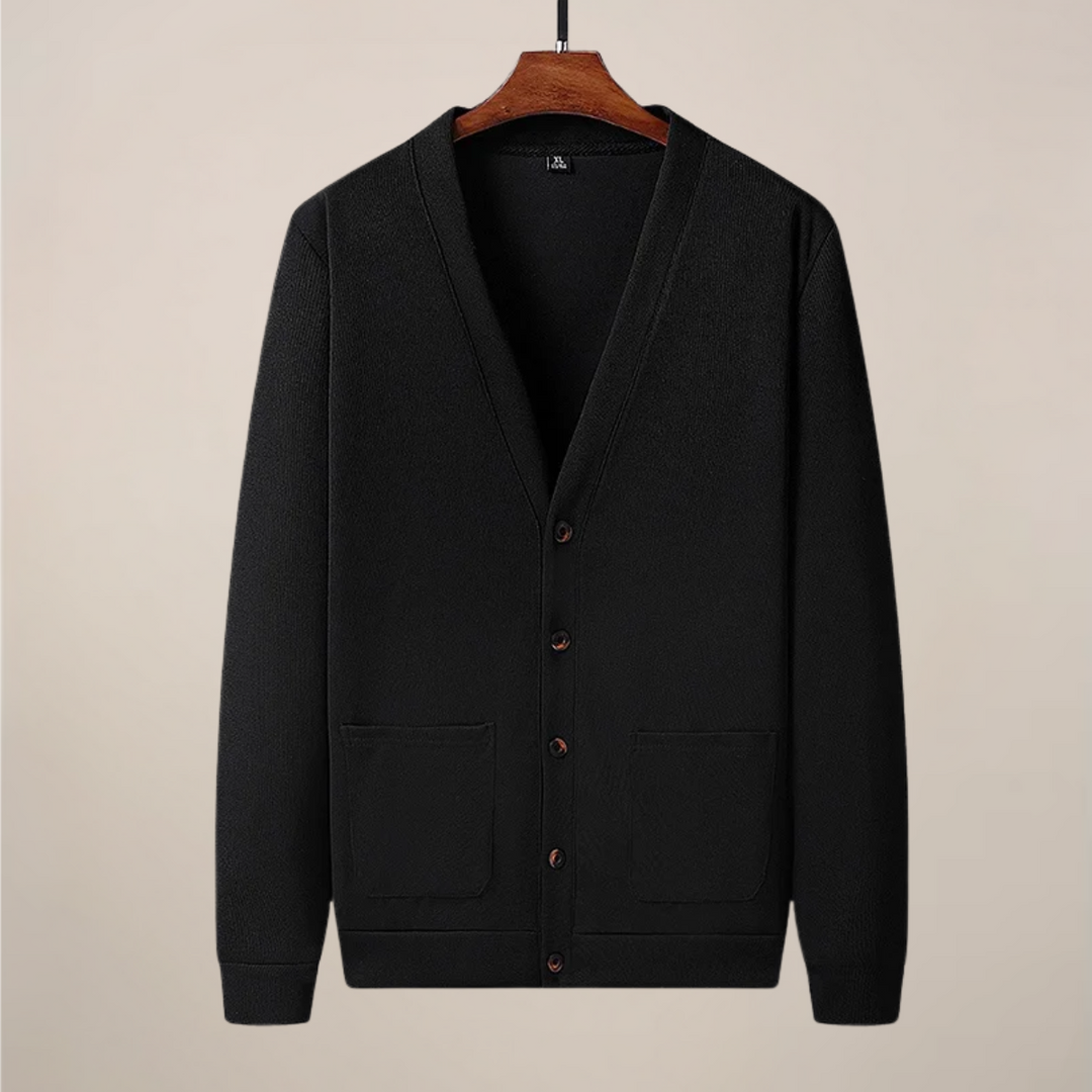 Soft knit V-neck cardigan for men, a versatile button-up with pockets, ideal for comfortable daily layering.
