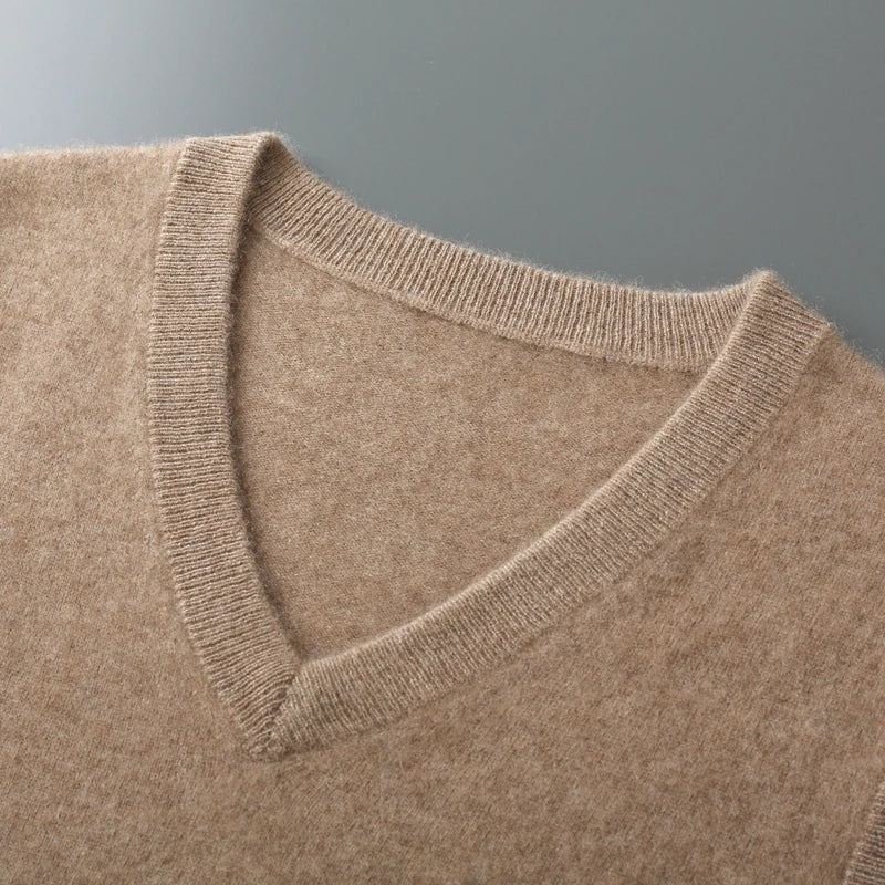 Refined men's sleeveless V-neck knit vest, an essential all-season menswear fashion piece.