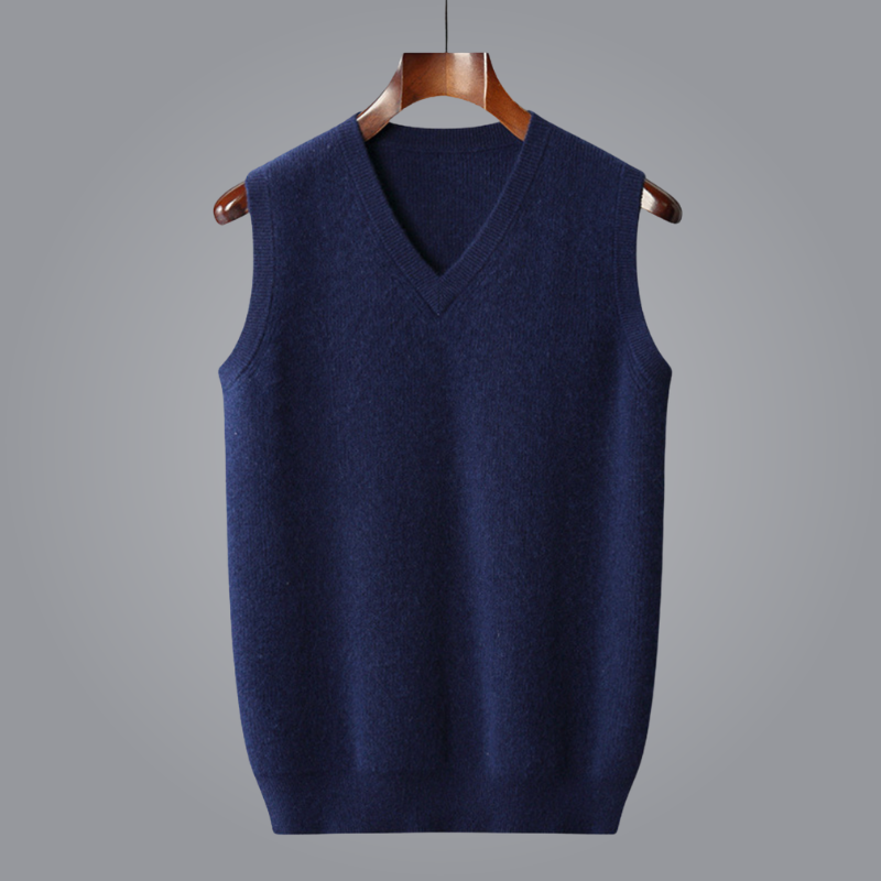 Sleeveless men's V-neck knit vest, providing comfortable layering for modern menswear fashion.