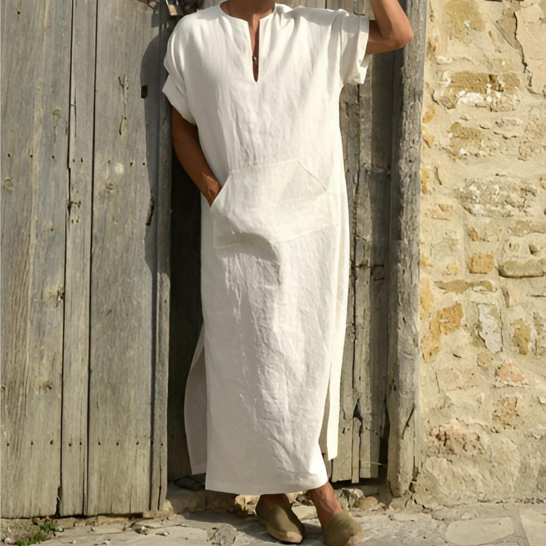 Stylish men's V-neck long sleeve shirt featuring side slits for enhanced comfort and contemporary fashion.