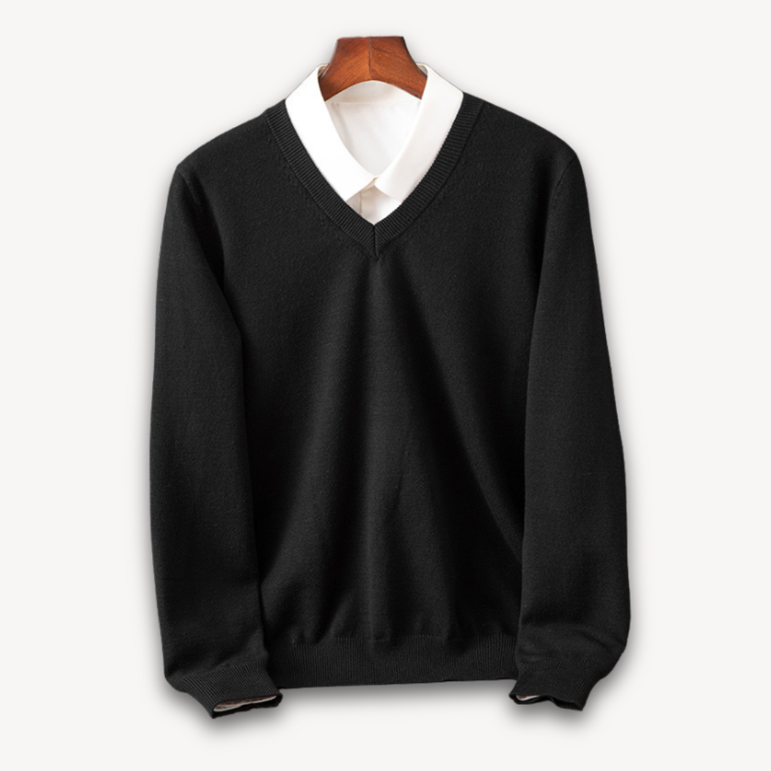 Men's V-neck slim fit knit sweater, perfect for modern layering.