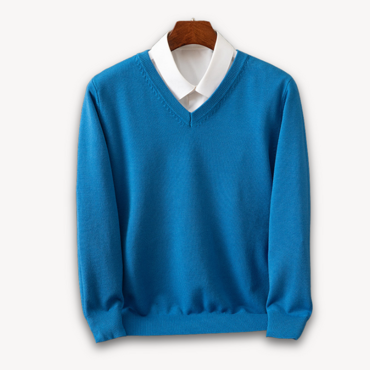 Stylish men's V-neck pullover sweater, ideal for casual or formal wear.