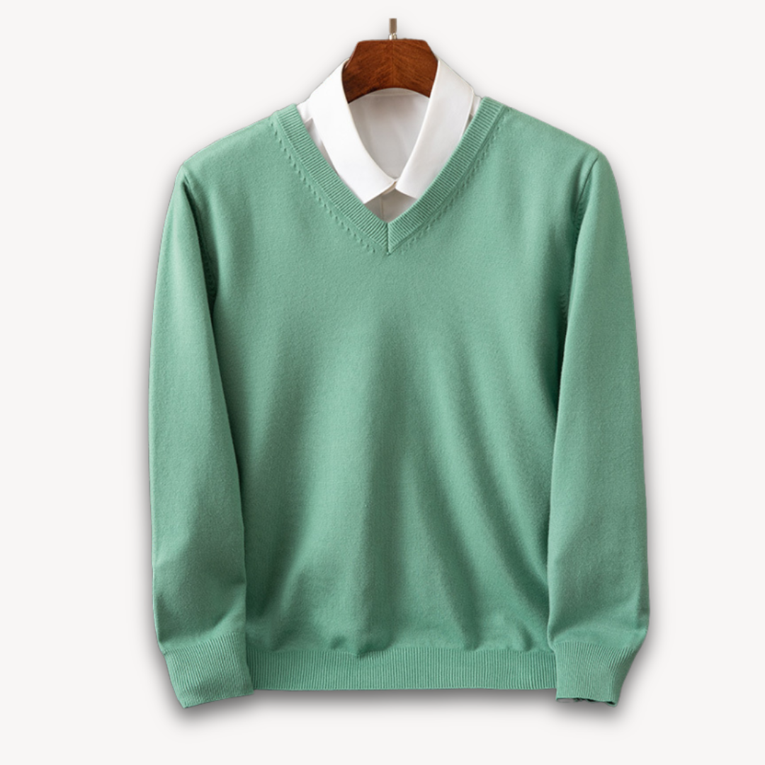 Versatile men's V-neck sweater, slim fit long sleeve, great for modern layering.