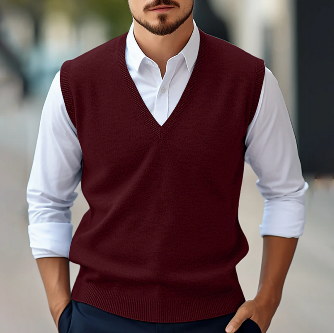 Men's V-neck sweater vest, classic knit for smart casual and business layering.