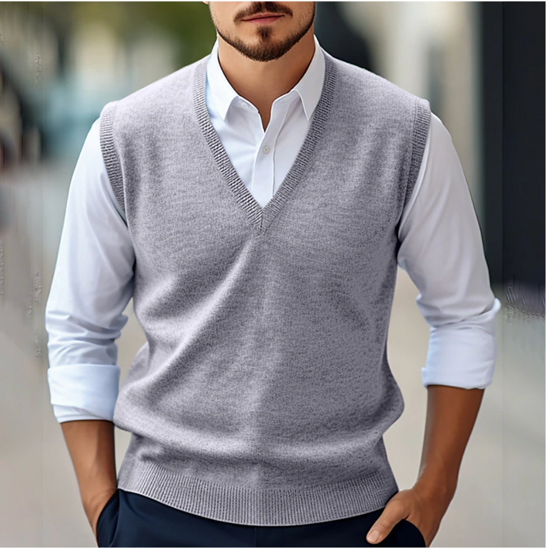 Elegant men's sleeveless V-neck pullover vest, ideal for office attire and formal wear.
