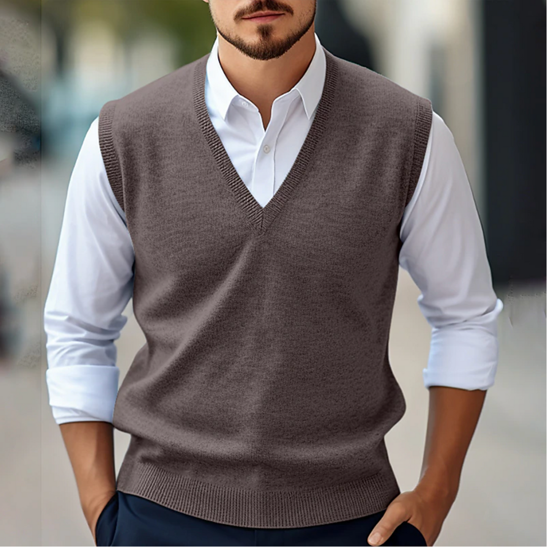 High-quality men's knitted V-neck sweater vest, perfect for polished business & smart casual outfits.