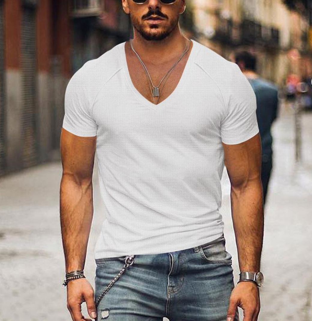 Versatile men's short sleeve V-neck tee, ideal for summer style and everyday casual wear.