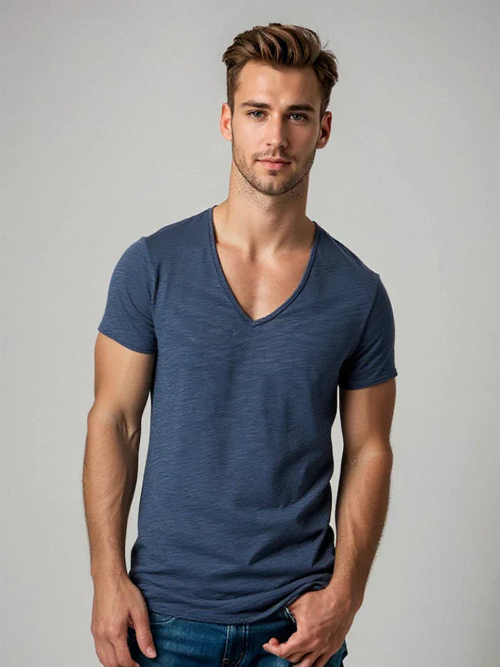 Men's V-neck t-shirt in solid color, perfect for breathable everyday casual wear and versatile style.