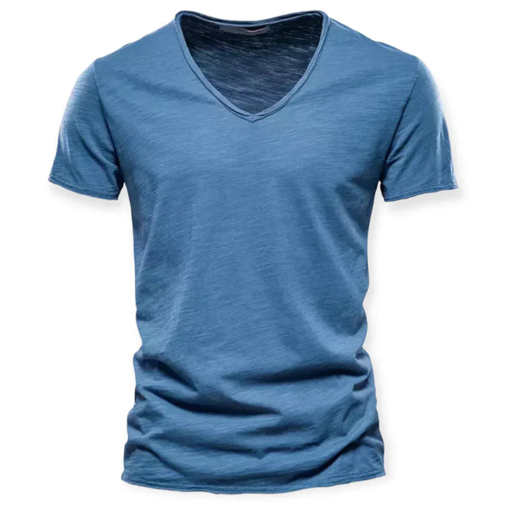 Comfortable men's V-neck short sleeve tee, ideal for versatile everyday style, casual top & layering.