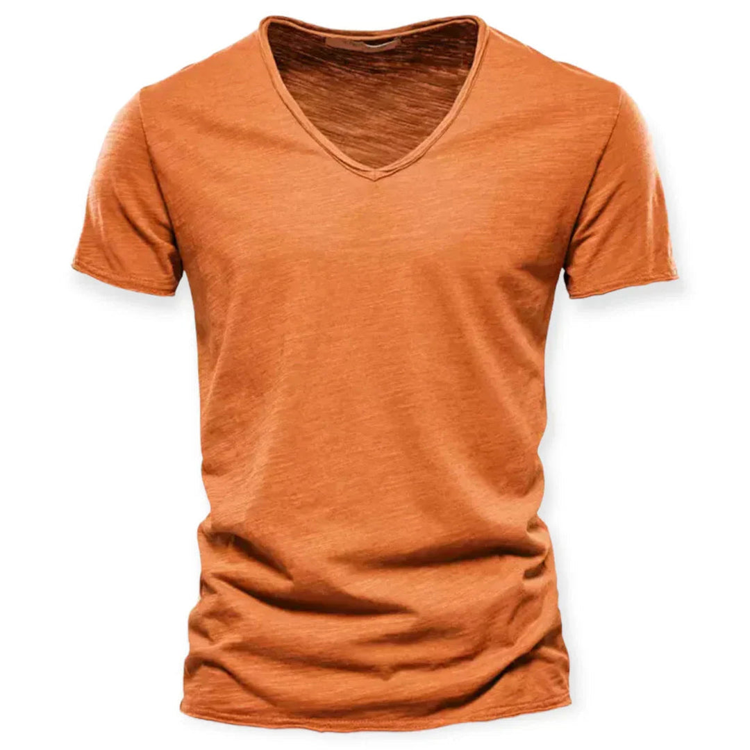 Everyday men's V-neck t-shirt, breathable & soft, great for layering or casual wear; a versatile basic.