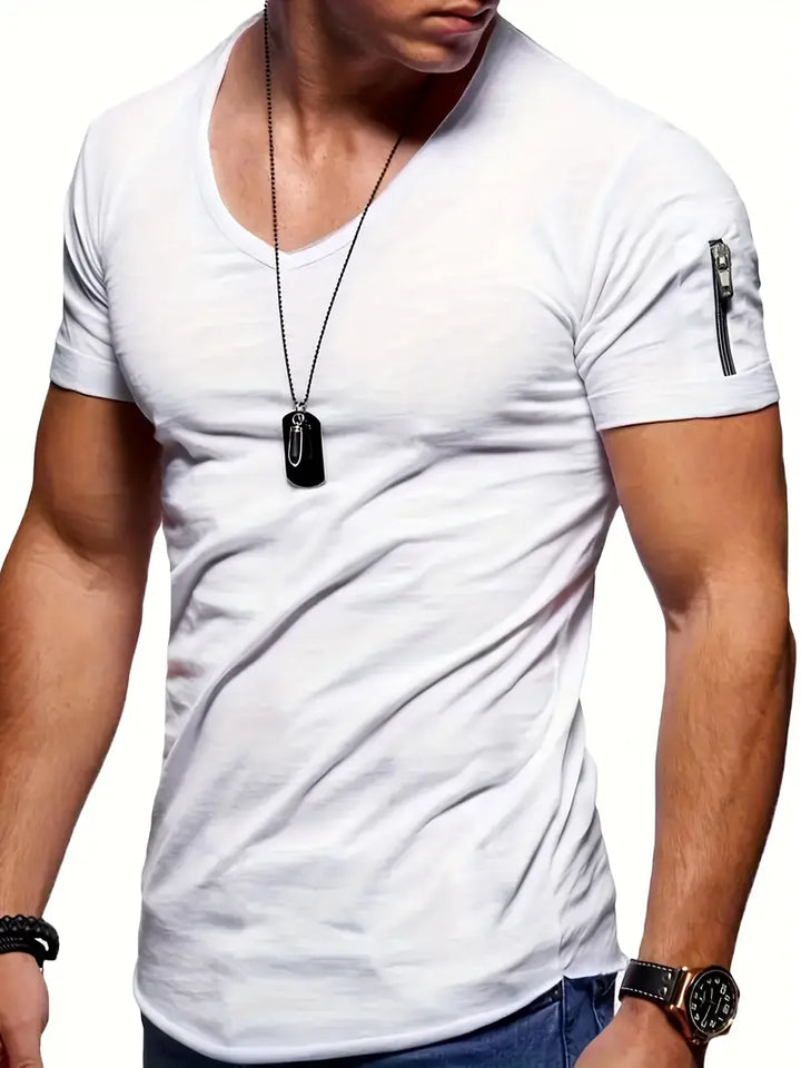 Men's casual V-neck tee, slim fit, perfect for summer, includes a convenient zipper pocket.