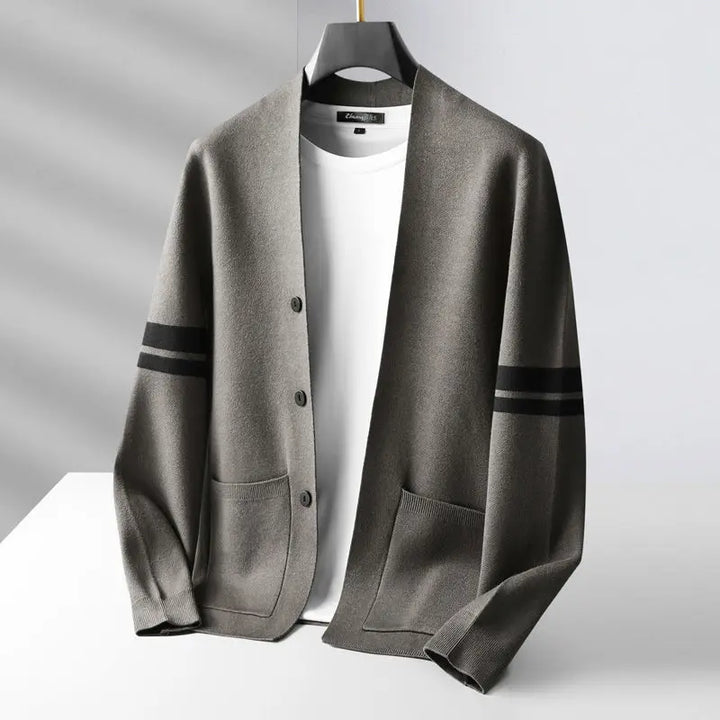 Men's Verona knit cardigan in black and gray stripe, button-up for casual layering