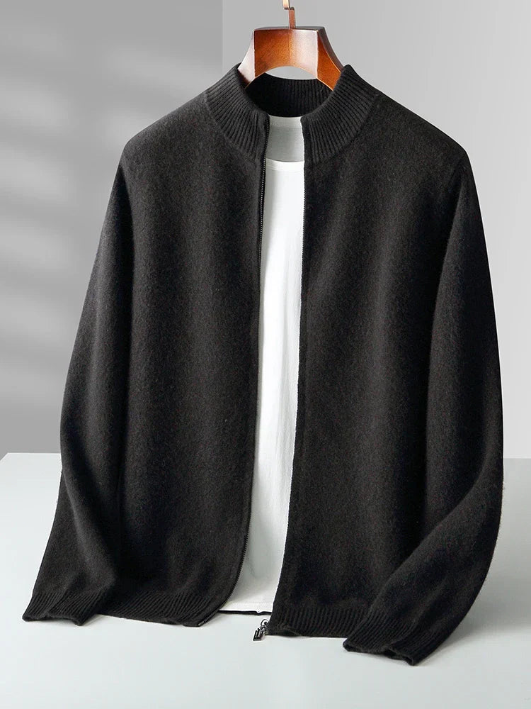 Man wearing Verona merino wool full-zip cardigan, styled for smart casual occasions.