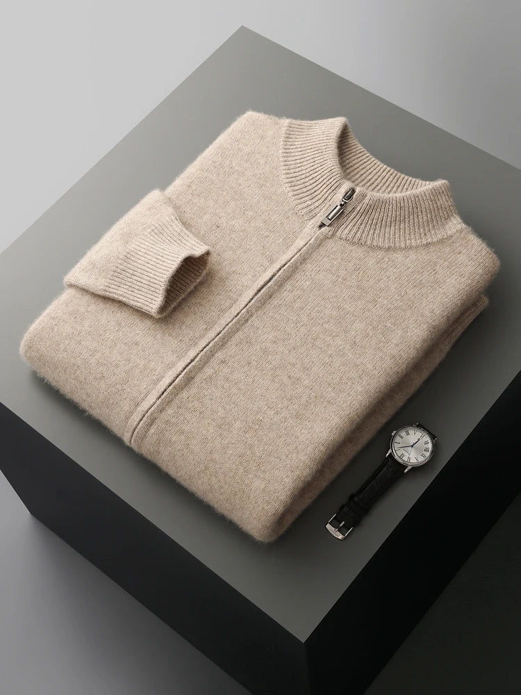 Brown Verona men's merino wool cardigan, versatile smart casual knitwear.