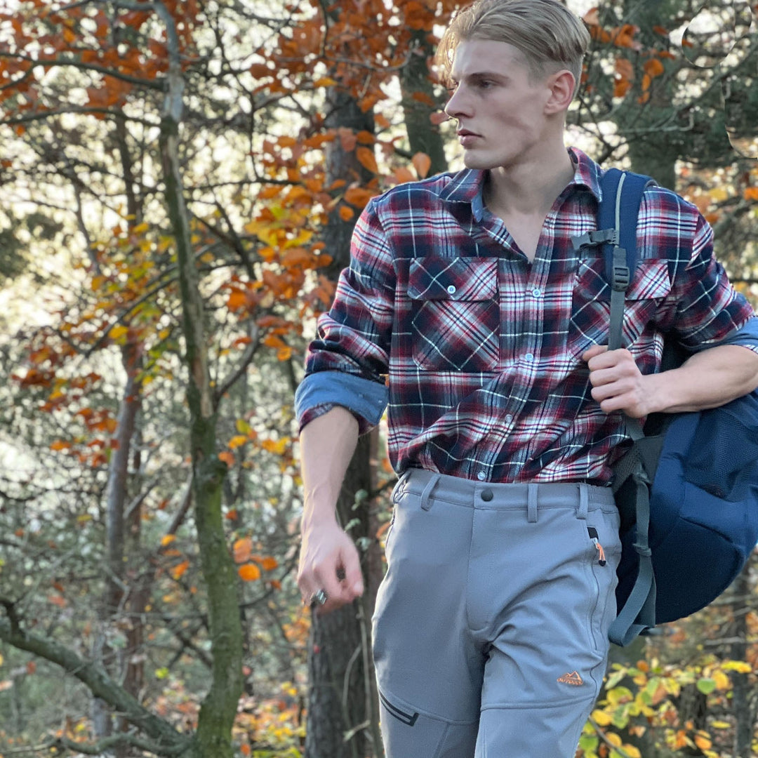 Detailed shot of Men's Verona Plaid Flannel Shirt pocket with button closure, practical design.