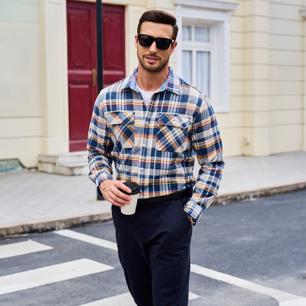 Men's Verona Plaid Flannel Shirt, multi-colored plaid in autumn tones, perfect fall layering piece.