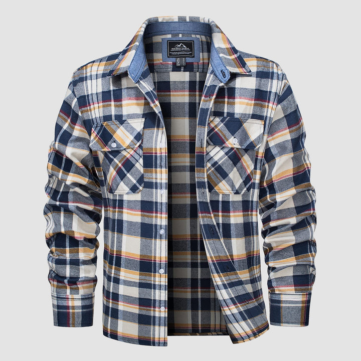 Detailed view of the fabric of a Men's Verona Plaid Flannel Shirt, showing the quality cotton and plaid pattern.