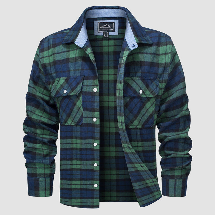 Casual outdoor shot of a man wearing a brown and cream Verona Plaid Flannel Shirt, long sleeve.