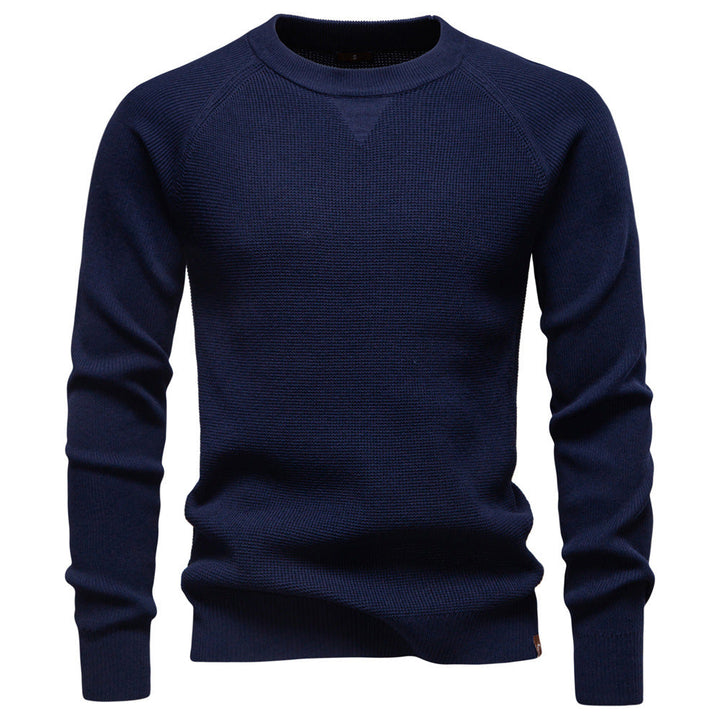 Beige waffle knit pullover sweater for men, a versatile long sleeve crew neck knitwear.
