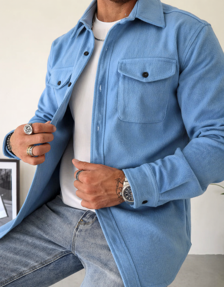 Men's versatile overshirt jacket. Button-up long-sleeve casual outerwear with chest pocket for layering.