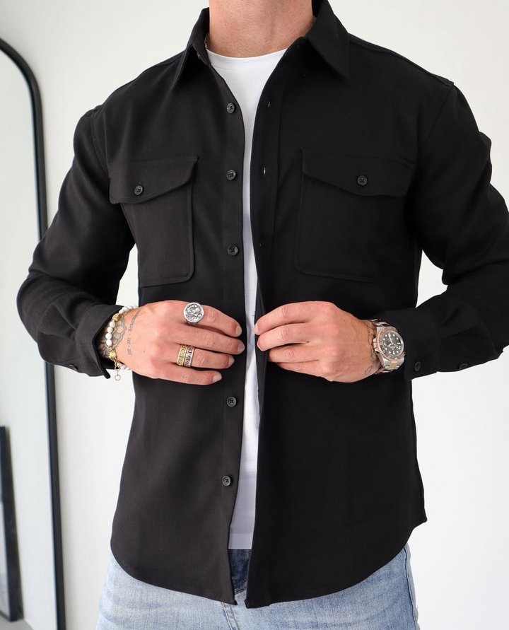 Tailored fit men's long sleeve overshirt in a stretch fabric with classic button-up front and chest pockets.