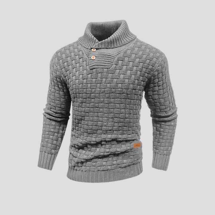 Close-up of a men's half-collar button-up sweater. Stylish design, soft fabric for comfortable everyday wear.