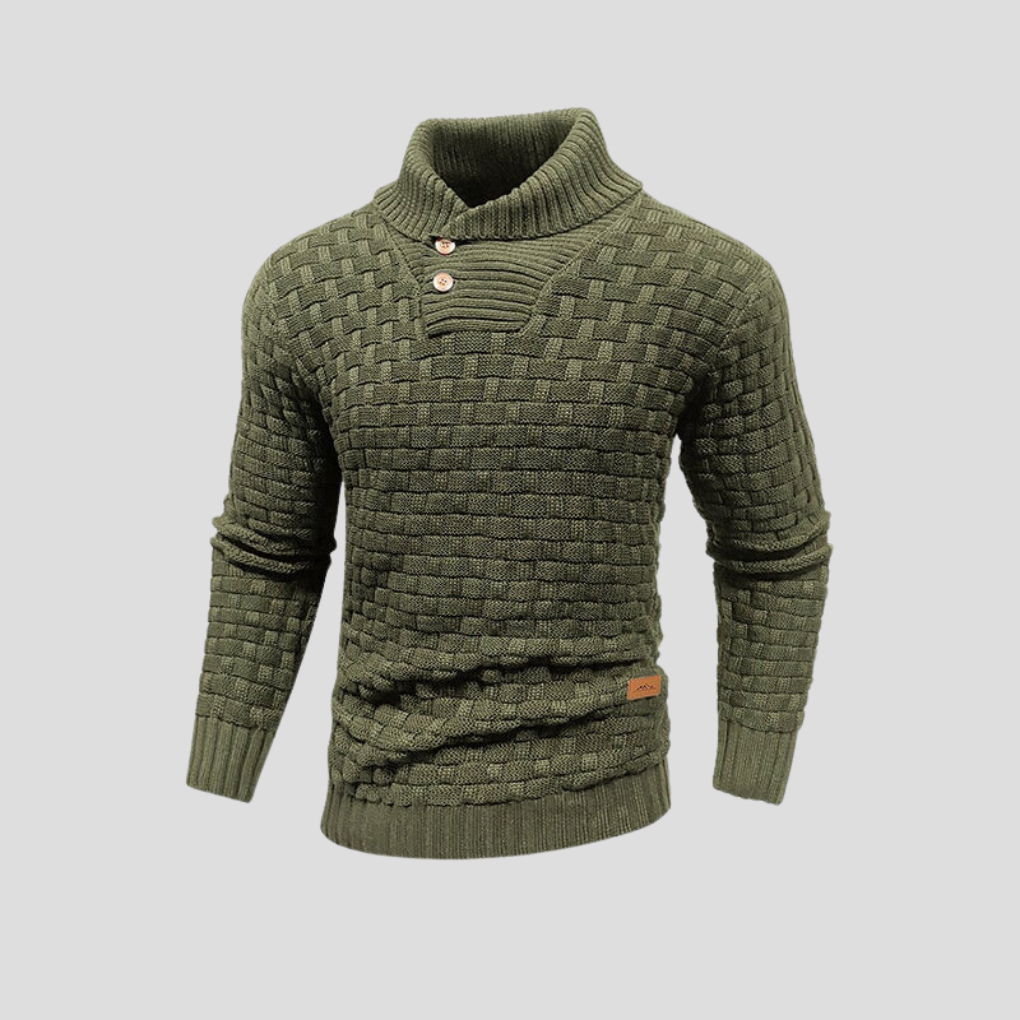Man wearing a smart casual half-collar button-up sweater. Ideal men's top for versatile fall and winter outfits.
