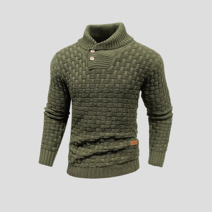 Man wearing a smart casual half-collar button-up sweater. Ideal men's top for versatile fall and winter outfits.