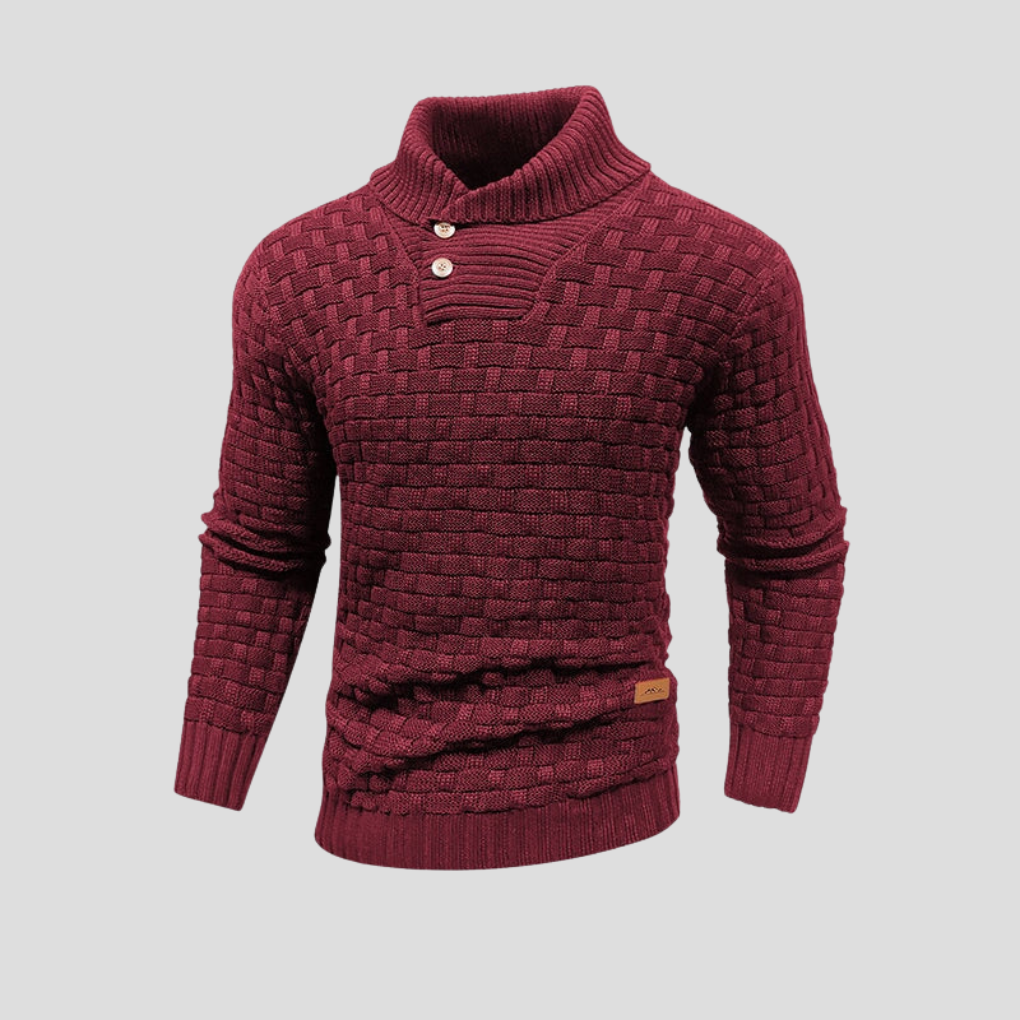 Comfortable men's long sleeve sweater with half-collar and buttons. Essential versatile wear for smart casual looks.
