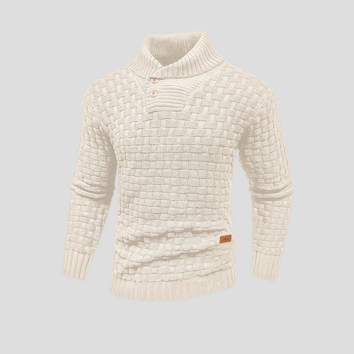 Men's fall/winter button-up sweater with a half-collar. Smart casual and comfortable long sleeve top for cool weather.