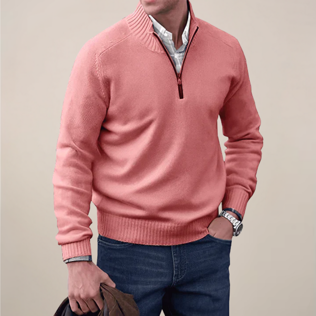 Stylish men's knit half-zip sweater, a comfortable & versatile piece for smart casual menswear.