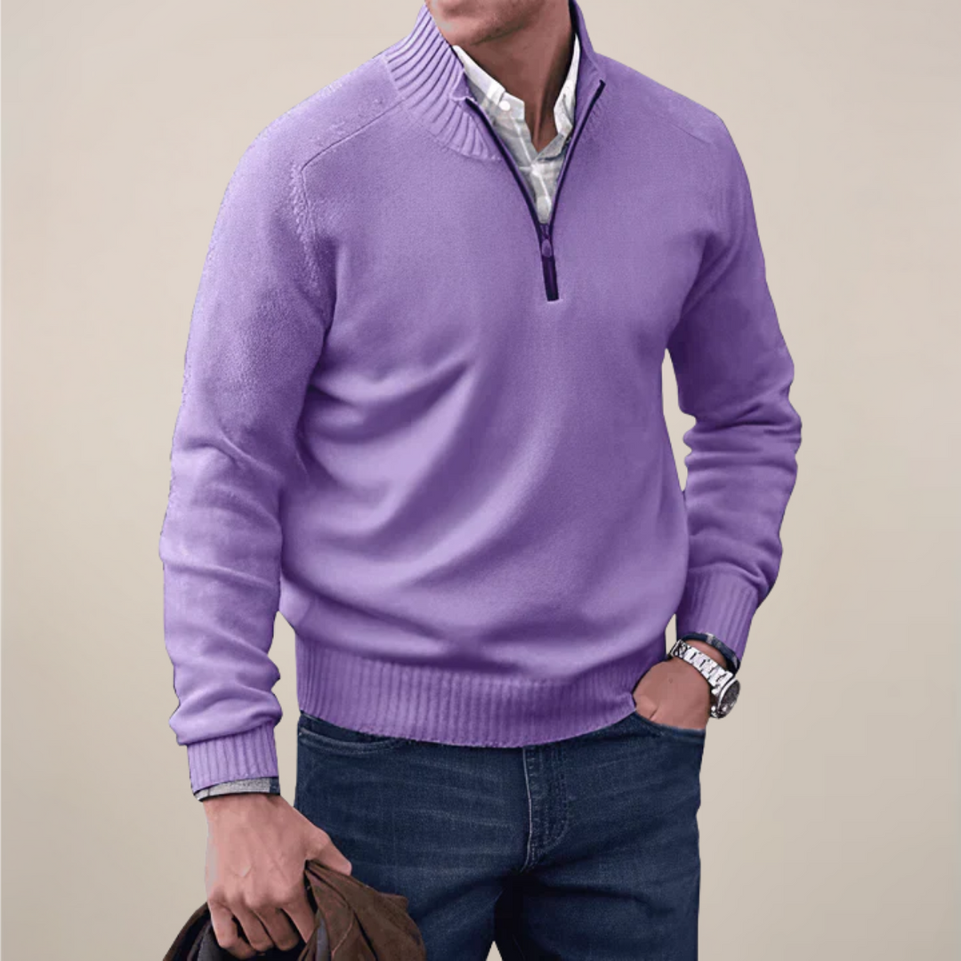 Close-up: Men's half-zip knit sweater showcasing quality knitwear texture for smart casual appeal.