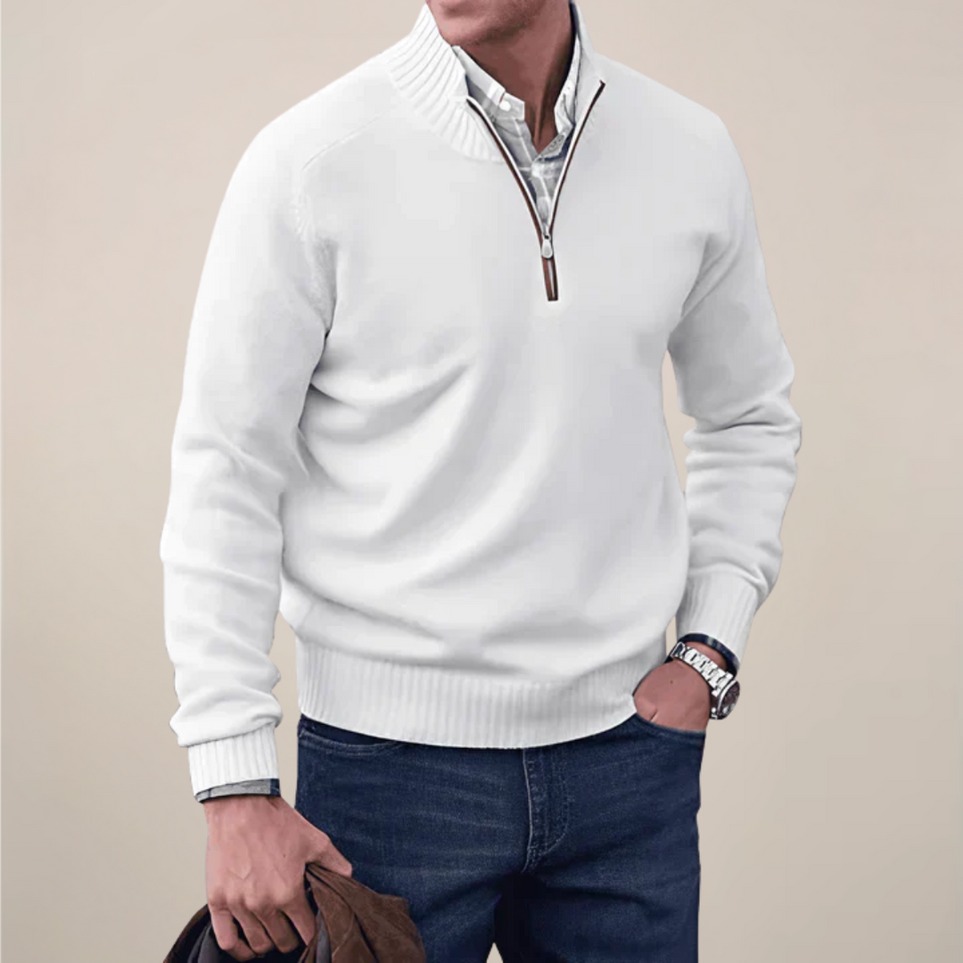 Classic men's half-zip knit sweater in a neutral shade, comfortable menswear essential for office.