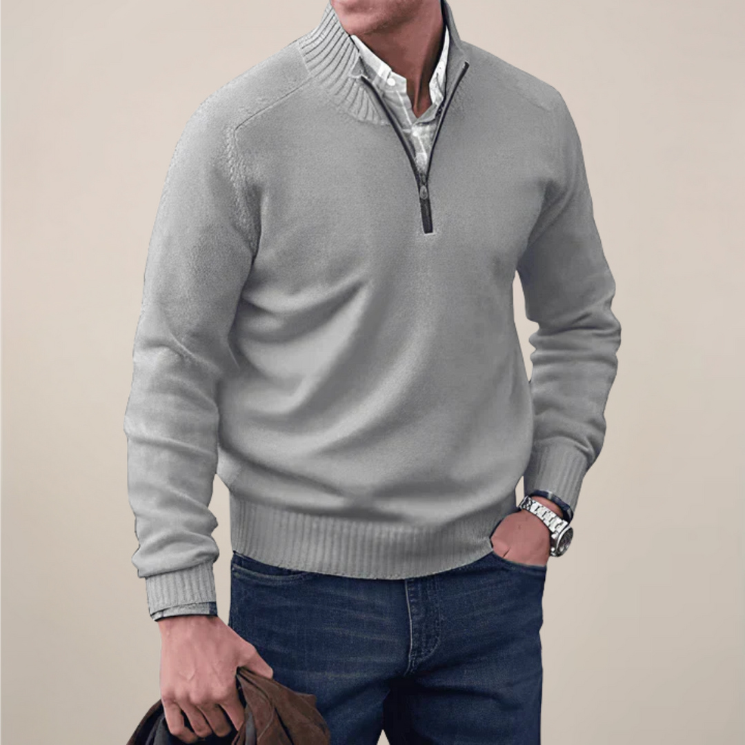 Men's essential half-zip knit sweater, excellent for layering & comfortable year-round smart casual style.