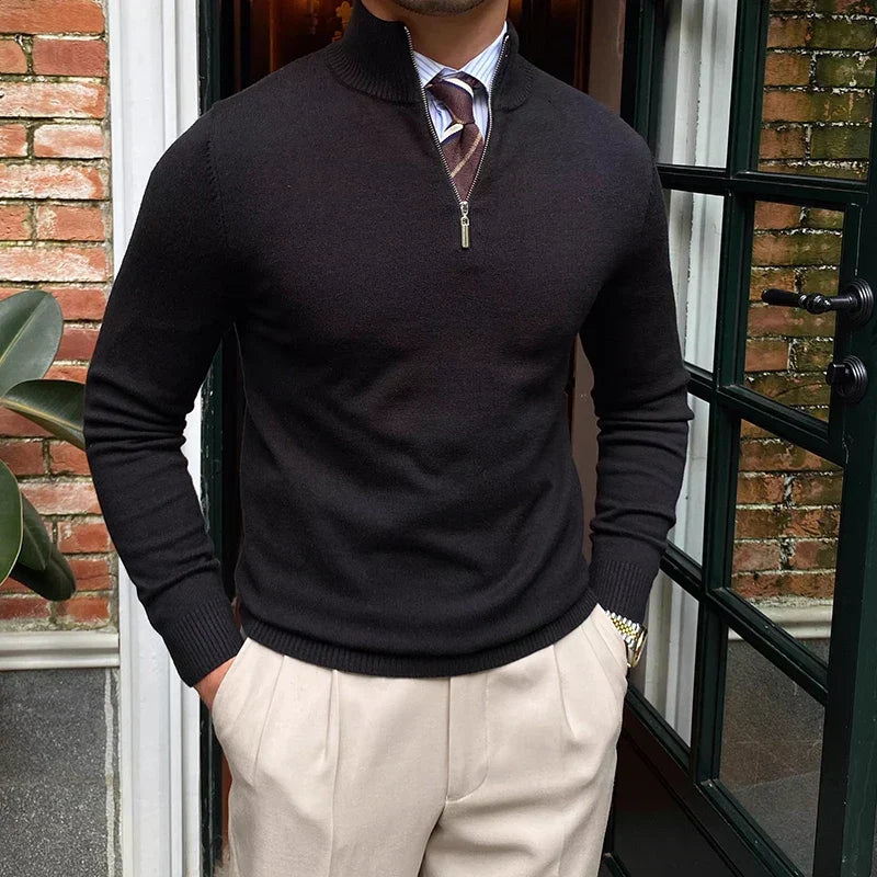Men's versatile half-zip knit sweater. Smart casual long-sleeve top with ribbed details for autumn & winter.