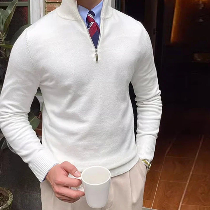 Versatile men's smart casual half-zip knit sweater. Long-sleeve autumn/winter top, great for layering outfits.