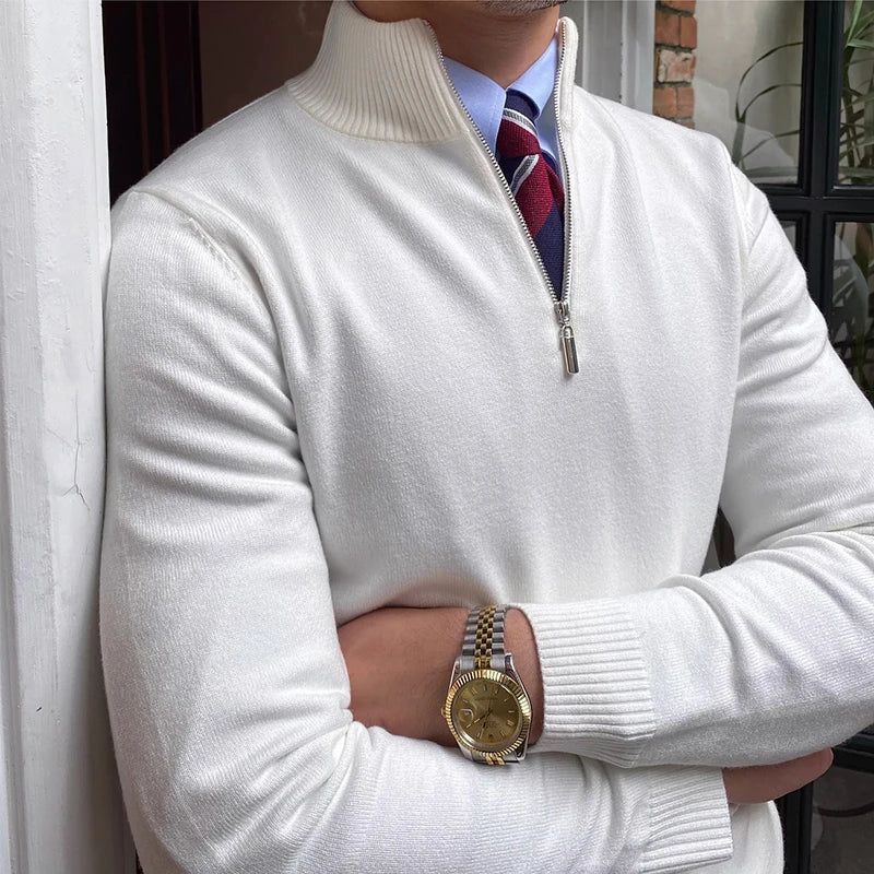 Men's half-zip knit sweater, a smart casual staple. Ribbed long-sleeve top for autumn & winter style and layering.