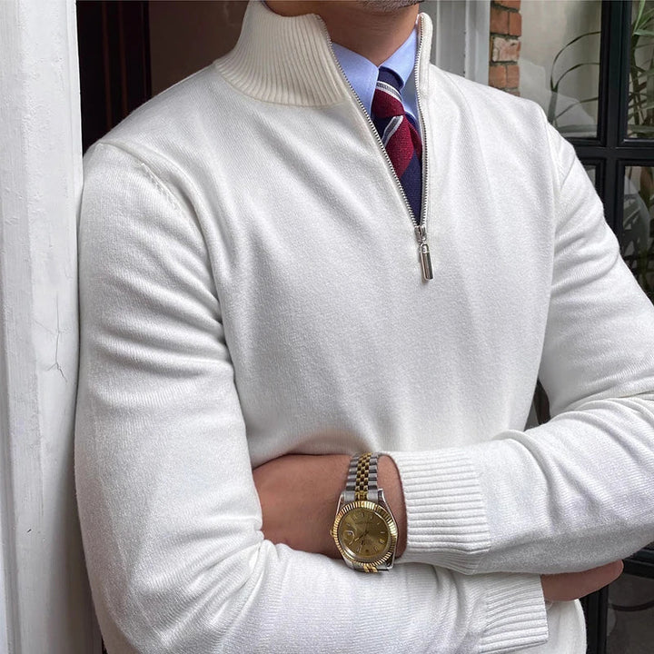 Men's half-zip knit sweater, a smart casual staple. Ribbed long-sleeve top for autumn & winter style and layering.