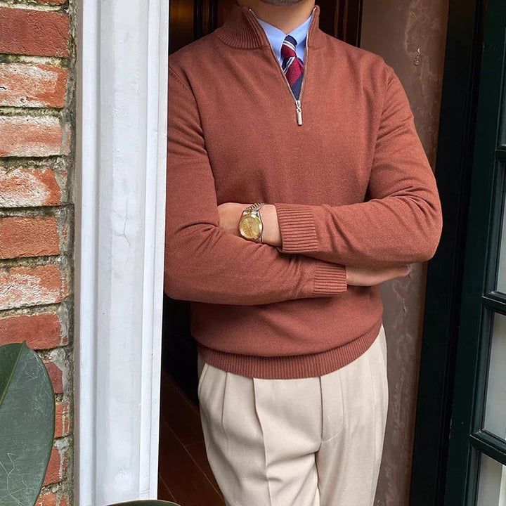 Warm men's knit half-zip sweater. Smart casual long-sleeve top with classic style for autumn & winter layering.