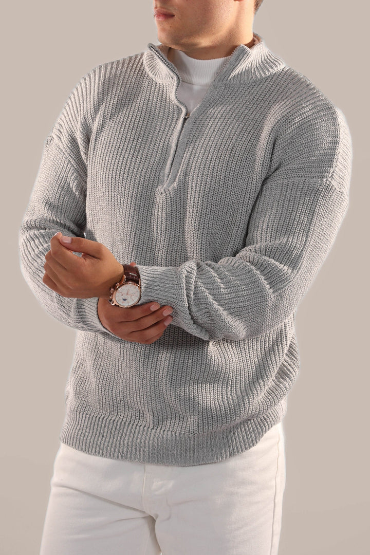 Warm men's half-zip knitted jumper for fall and winter. An essential smart casual pullover for layering.