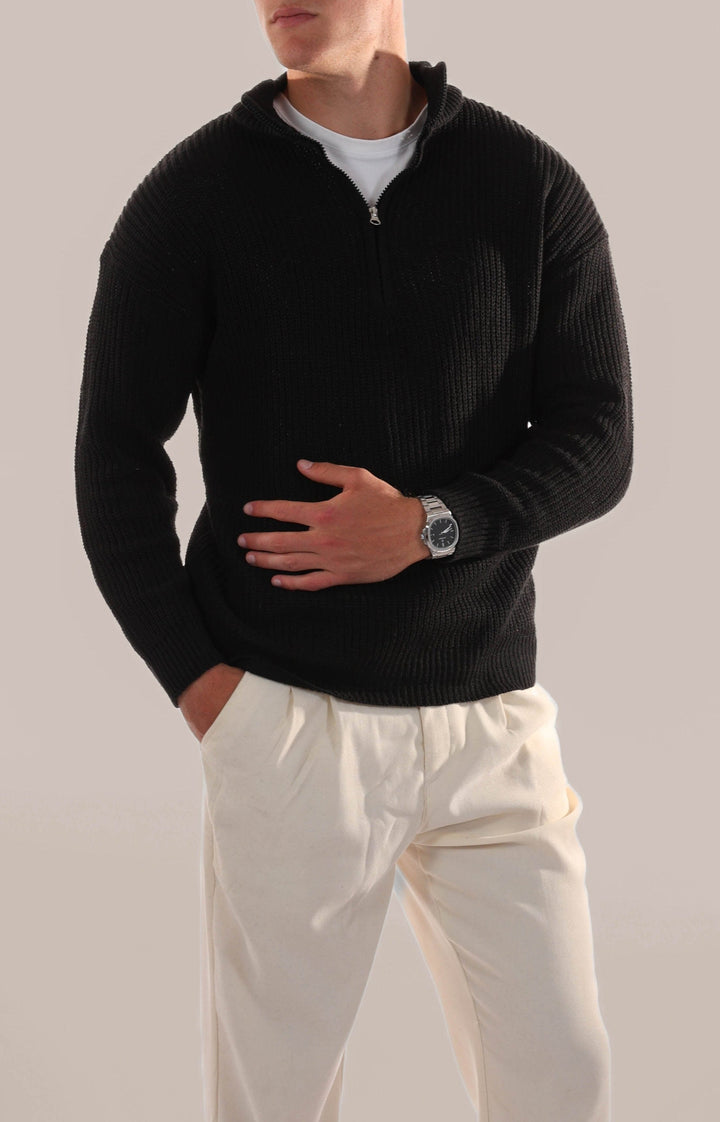 Versatile men's half-zip knitted sweater, perfect as a smart casual pullover or comfortable everyday casual wear.