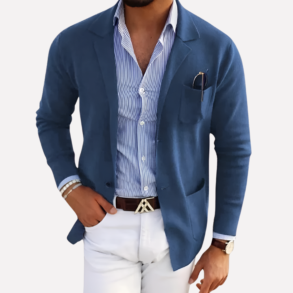 Men's versatile knit blazer for smart casual style. Comfortable layering jacket for modern fashion and workwear.