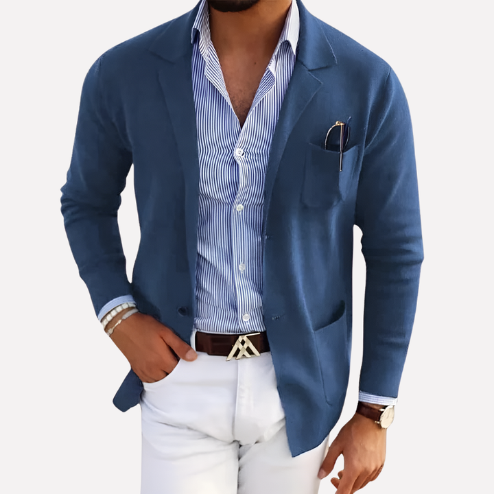 Men's versatile knit blazer for smart casual style. Comfortable layering jacket for modern fashion and workwear.