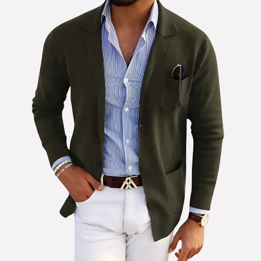 Stylish men's knit blazer, perfect for smart casual and semi-formal looks. A comfortable and versatile layering piece.