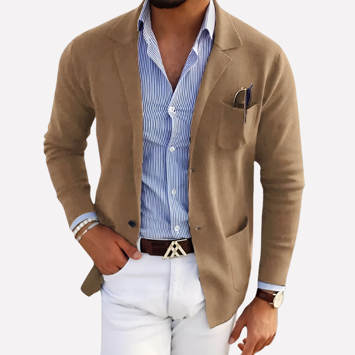 Modern men's knit blazer in a smart casual style. This versatile jacket is a perfect layering piece for any occasion.
